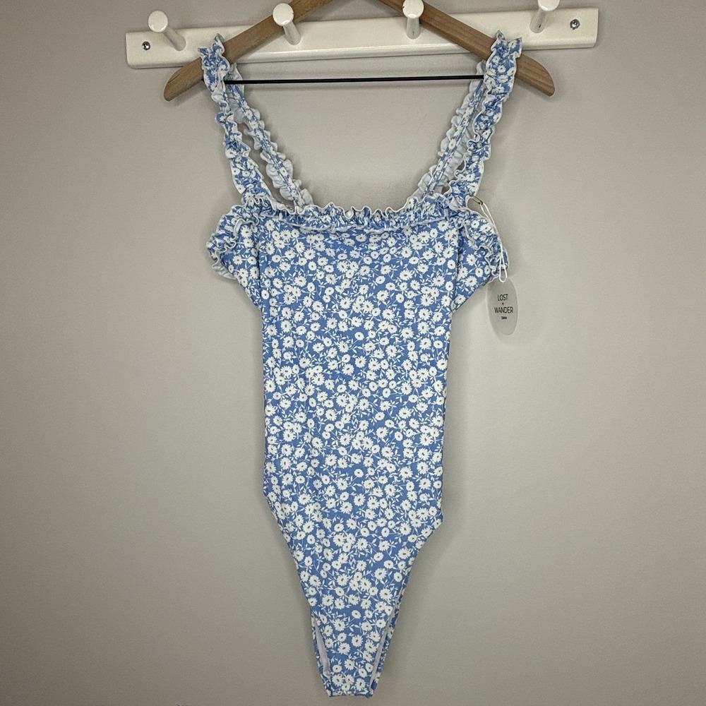 Lost +‎ Wander One Piece Swimsuit Retro Ditzy Floral Blue Ruffle Cut Out Beach - Picture 3 of 10